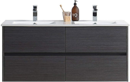 Blossom 48 inch Bathroom Vanity with Sink, Double Ceramic Sink Wall Mounted Floating Bathroom Vanity Cabinet, All Wood Bathroom Storage Organizer, Soft-Closing U-Shaped Cutout Drawers, Silver Grey