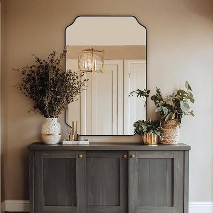 Matte Black Mirror 26x38 Inch, Scalloped Wall Mirror, Unique Rectangular Bathroom Mirror in Premium Stainless Steel Metal Frame 1’’ Deep, Hangs Vertically/Horizontally