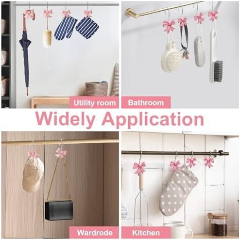 Bow Knot Decorative Shower Curtain Hooks, 12pcs Pink Cute Art Deco Resin Rust Resistant Hooks Glide Shower Ring Hangs Holder Bling for Girl Bathroom Baby Room Nursery