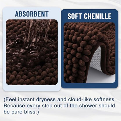 Grandaily Chenille Striped Bathroom Rugs 24x16, Extra Thick and Soft Absorbent Bath Mats, Rubber Backing, Plush Shaggy Shower Carpet, Machine Wash Dry, Bath Rug for Bathroom, Dark Brown