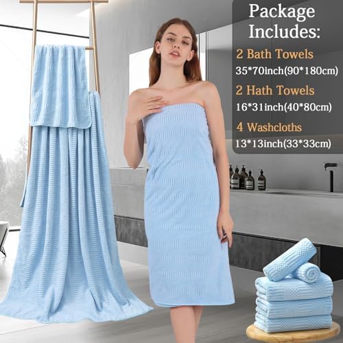8 Piece Bath Towel Set-2 Oversized Bath Sheets(35"x70"),2 Hand Towels,4 Washcloths-Extra Large Microfiber Towel Sets,Less Lint Highly Absorbent & Quick Dry Bath Towels for Bathroom Gym Pool,Blue