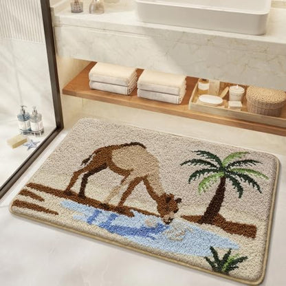 Bathroom Rug Mat, Desert Oasis Sunset Fluffy Rug with Camel & Palm Tree, Ultra Absorbent Microfiber Shaggy Door Mat, Quick Dry Bath Rug Carpet for Toilet Bathtub Bedroom 20x31 Inch