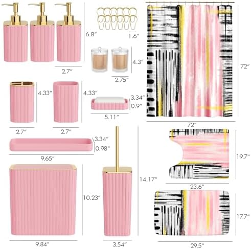 Bathroom Set - Bathroom Accessory Set, Pink Bathroom Set, 26PC Bathroom Sets with Shower Curtain and Rugs, Toilet Brush, Trash Can, Qtip Holder & Bathroom Soap Dispenser Set