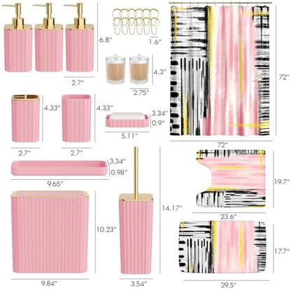 Bathroom Set - Bathroom Accessory Set, Pink Bathroom Set, 26PC Bathroom Sets with Shower Curtain and Rugs, Toilet Brush, Trash Can, Qtip Holder & Bathroom Soap Dispenser Set