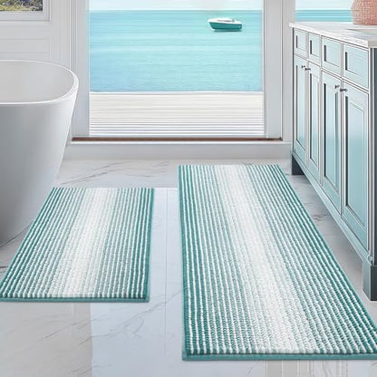 BSICPRO Bathroom Rugs Sets 2 Piece, Non Slip Striped Bath Mats, Aqua Green