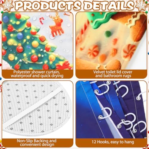 FuWeave 8Pcs Cute Gingerbread Man Christmas Shower Curtain Set, Candy House Xmas Winter Village Bathroom Decor, Includes Non-Slip Bath Rug, U-Shaped Mat, Toilet Lid Cover, Hand Towels & 12 Hooks