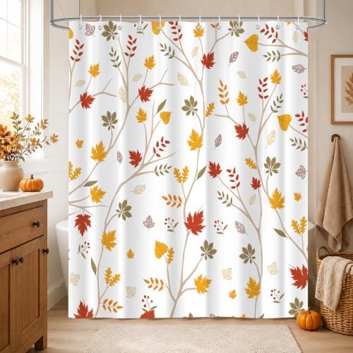 Fall Leaves Shower Curtain, Brown Eucalyptus Maple Leaf Plants Seasonal Autumn Bathroom Decor, Waterproof Cloth Fabric Bathroom Curtain with Hooks 72 x 72 inch