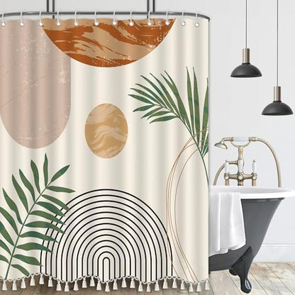 Boho Mid Century Leaf Shower Curtain Set,Arch Sun Design,Minimalistic Leaves Pattern,Waterproof and Luxurious Fabric-12 Hooks(Beige-72" x 84")