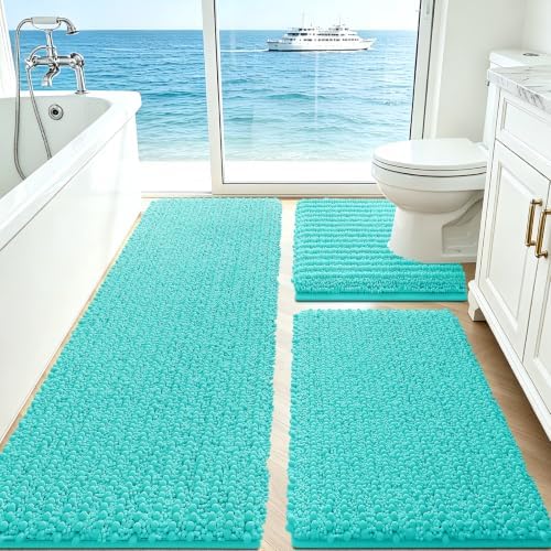 ACCUMTEK Upgrade Extra Large Teal Green Bathroom Rug Set 3 Pieces Ultra Soft, Thick Absorbent Bath Mats, Non Slip Chenille Toilet Mat for Bathroom, Bedroom, Kitchen, Turquoise