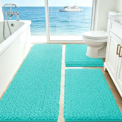 ACCUMTEK Upgrade Extra Large Teal Green Bathroom Rug Set 3 Pieces Ultra Soft, Thick Absorbent Bath Mats, Non Slip Chenille Toilet Mat for Bathroom, Bedroom, Kitchen, Turquoise