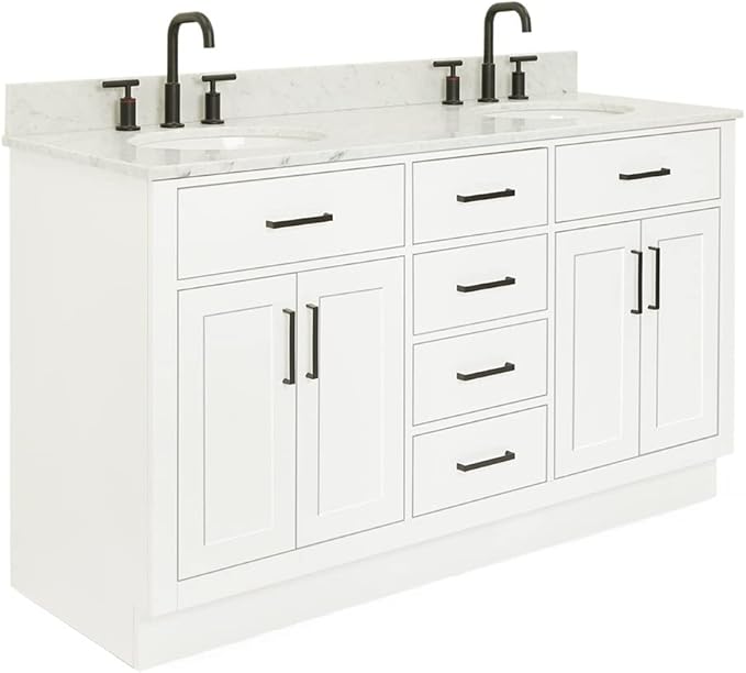 ARIEL Hepburn 60-inch Bathroom Vanity with Sink,Solid Wood, 0.75-inch Italian Carrara Marble Countertop & Backsplash, Double Oval Porcelain Sink, 4 Soft Closing Doors, 6 Dovetail Drawers, White
