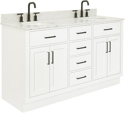 ARIEL Hepburn 60-inch Bathroom Vanity with Sink,Solid Wood, 0.75-inch Italian Carrara Marble Countertop & Backsplash, Double Oval Porcelain Sink, 4 Soft Closing Doors, 6 Dovetail Drawers, White