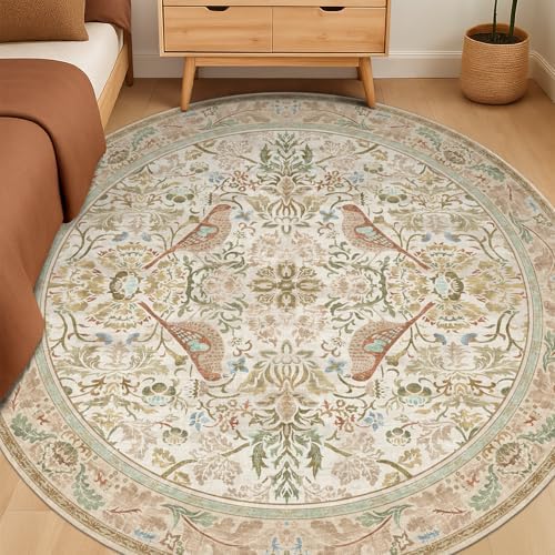 Hazo Haus Beige 6ft Round Rug for Living Room - Floral Circle Area Rug for Bedroom Kids Room, Home Office, Washable Low Pile Non Slip, Vintage Beige Taupe Botanical & Bird Pattern, Boho Indoor Décor