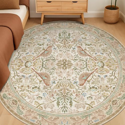 Hazo Haus Beige 6ft Round Rug for Living Room - Floral Circle Area Rug for Bedroom Kids Room, Home Office, Washable Low Pile Non Slip, Vintage Beige Taupe Botanical & Bird Pattern, Boho Indoor Décor