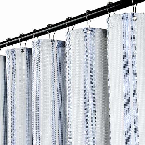 ORTIGIA Blue Striped Shower Curtain 72x72 Inch, Waffle Textured Heavy Duty Thick Cloth Fabric Shower Curtains with 12 Metal Hooks,Blue and White Bath Bathroom Shower Curtain