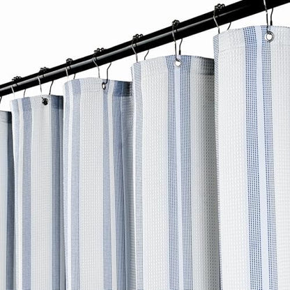 ORTIGIA Blue Striped Shower Curtain 72x72 Inch, Waffle Textured Heavy Duty Thick Cloth Fabric Shower Curtains with 12 Metal Hooks,Blue and White Bath Bathroom Shower Curtain