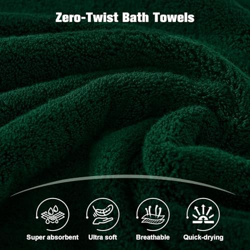 COZYART Luxury Bath Towels 4 PCS, 27x54 650 GSM Turkish Cotton, Dark Green