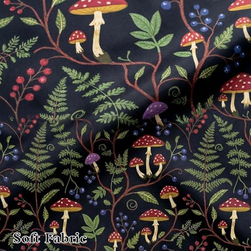 Boho Mushroom Shower Curtain, Rustic Vintage Dark Botanical Fern Forest Plant Leaves Nature Bath Curtain, Cute Black Cottagecore Aesthetic Woodland Bathroom Accessories with Hooks, 72 x 72 Red Green