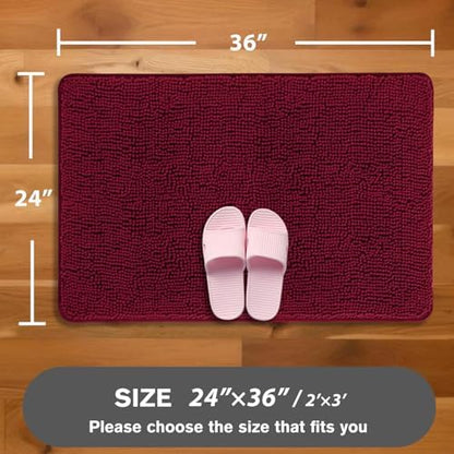 Vivid Burgundy Bathroom Rugs – Absorbent and Washable Bath Mat, Non-Slip, Thick Soft Chenille Bath Rugs for Bathroom Floor, Shower, Sink - 24" x 36"