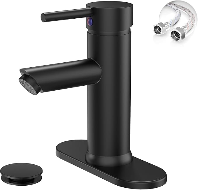 Black Bathroom Faucet, Greenspring Single Hole Bathroom Sink Faucet, Single Handle Sink Faucet Bathroom Lavatory Basin Vanity Sink Faucet with Pop Up Drain and Supply Line, Brass