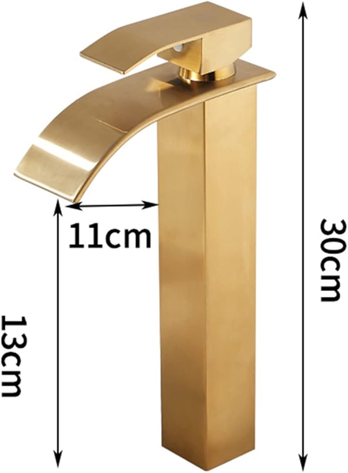 Brushed Gold High Arc Bathroom Faucet Single Lever Basin Mixer G1/2 Sink Tap with Waterfall Design Stainless Steel Finish for Modern Vanity