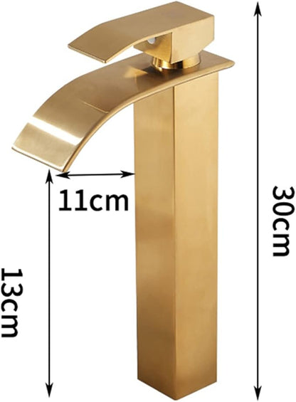Brushed Gold High Arc Bathroom Faucet Single Lever Basin Mixer G1/2 Sink Tap with Waterfall Design Stainless Steel Finish for Modern Vanity