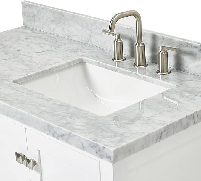 ARIEL Cambridge 42-inch Bathroom Vanity with Sink,Solid Wood, 1.5-inch Italian Carrara Marble Countertop, Single Rectangular Porcelain Sink, 2 Soft Closing Doors, 5 Dovetail Drawers, White