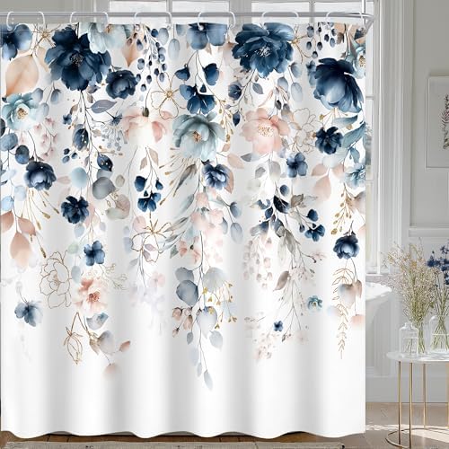 Extra Long Flower Spring Blue Pink Bathroom Shower Curtain Set