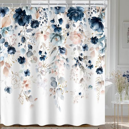 Extra Long Flower Spring Blue Pink Bathroom Shower Curtain Set
