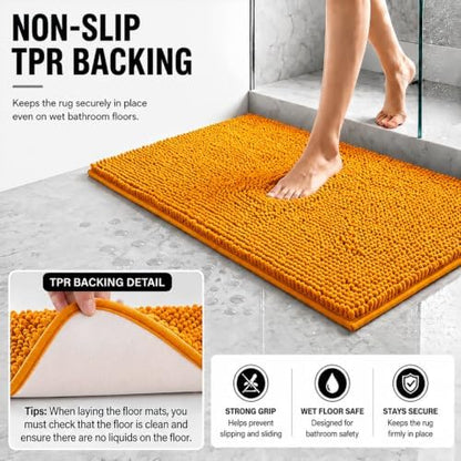 Bathroom Rugs Sets 2 Piece,Super Absorbent Soft,Thick,Machine Washable Chenille Bath Mat,Non Slip Toilet Floor Rug,Bath Mats for Bathroom,20x32 Plus 20x20 U Shape,Orange