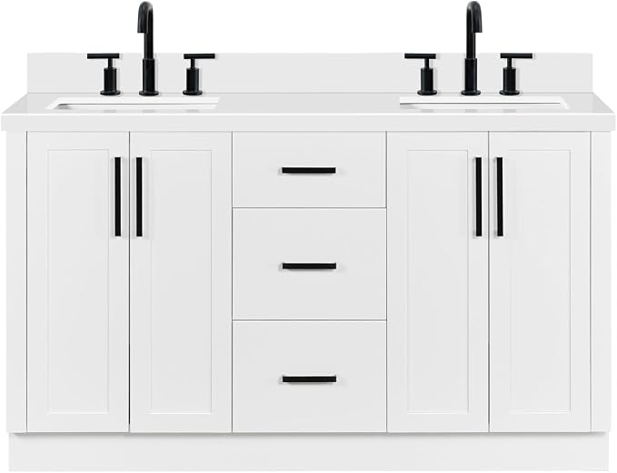 ARIEL Loren 60-inch Bathroom Vanity with Sink,Solid Wood, 1.5-inch Pure White Quartz Countertop, Double Rectangular Porcelain Sink, 4 Soft Closing Doors, 3 Dovetail Drawers, White