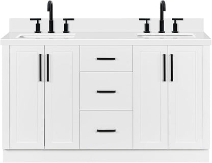 ARIEL Loren 60-inch Bathroom Vanity with Sink,Solid Wood, 1.5-inch Pure White Quartz Countertop, Double Rectangular Porcelain Sink, 4 Soft Closing Doors, 3 Dovetail Drawers, White