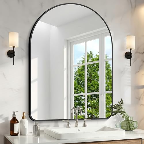 GLASHOM Arched Bathroom Mirror, 30"x40" Black Arched Mirror for Bathroom, Wall Mounted Mirror, Black Vanity Wall Mirror Metal Frame for Bedroom, Entryway, Living Room, Vertically Hanging