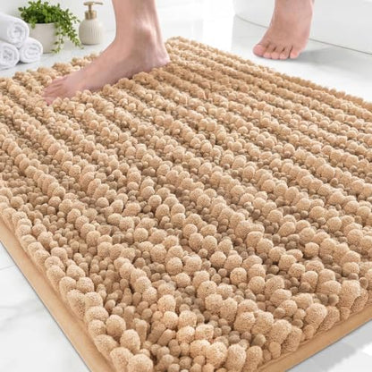 Disolla Small Bath Mat 17x24 Inch - Chenille Beige Bathroom Rug, Extra Soft Absorbent Plush Shaggy Bathmat, Non-Slip Machine Washable Floor Mat for Shower, Tub and Sink
