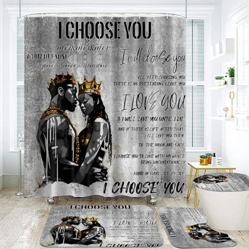4pcs Romantic Couples Shower Curtain and Rugs Toilet Lid Cover Bath Mat, Fathers Day Full in Love Black Man Women Shower Curtain Set with Hooks, Black King Queen Bathroom Decor Set