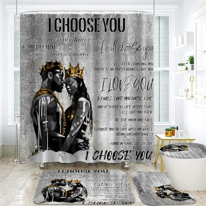 4pcs Romantic Couples Shower Curtain and Rugs Toilet Lid Cover Bath Mat, Fathers Day Full in Love Black Man Women Shower Curtain Set with Hooks, Black King Queen Bathroom Decor Set