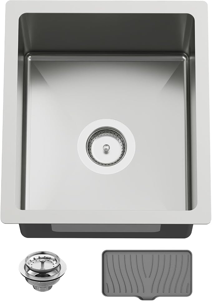 15x17 In Undermount Kitchen And Bar Sink- Stainless Steel Single Bowl Kitchen Sink Modern Drop In Bar Sink With Silicon Mat,Drain Strainer Set Compatibility With Various Kitchen & Bar Style