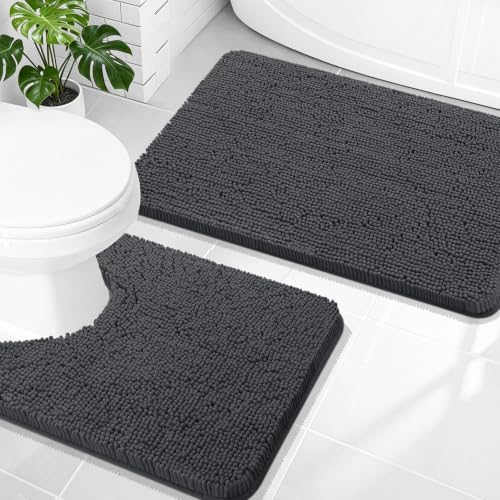OLANLY Chenille Bathroom Rugs Mats Sets 2 Piece, 30"x20"+24"x20", Dark Grey