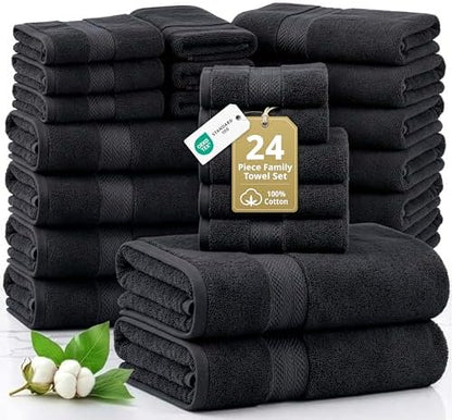 LANE LINEN Bath Towel Set Quick Dry 100% Cotton 24 Piece Soft - Black