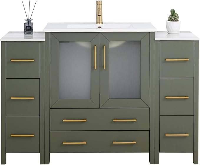 Vanity Art 54 Inch Under Mount Single Sink Bathroom Vanity Cabinet with 1 Mirror, Ceramic Top Bathroom Cabinet Compact Set with 8 Dovetail Storage Drawers and Golden Brushed Handles, VA3030-54-VG