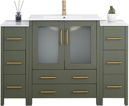 Vanity Art 54 Inch Under Mount Single Sink Bathroom Vanity Cabinet with 1 Mirror, Ceramic Top Bathroom Cabinet Compact Set with 8 Dovetail Storage Drawers and Golden Brushed Handles, VA3030-54-VG