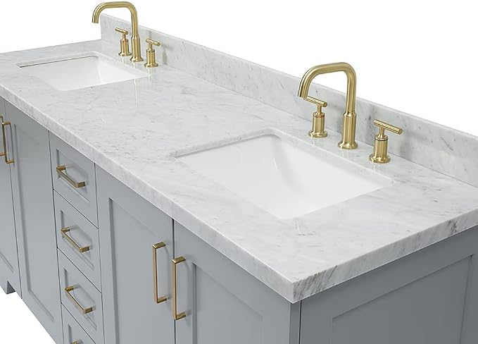 ARIEL Taylor 72-inch Bathroom Vanity with Sink,Solid Wood, 1.5-inch Italian Carrara Marble Countertop & Backsplash, Double Rectangular Porcelain Sink, 4 Soft Closing Doors, 6 Dovetail Drawers, Grey