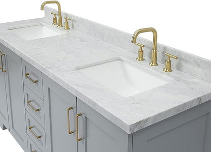 ARIEL Taylor 72-inch Bathroom Vanity with Sink,Solid Wood, 1.5-inch Italian Carrara Marble Countertop & Backsplash, Double Rectangular Porcelain Sink, 4 Soft Closing Doors, 6 Dovetail Drawers, Grey