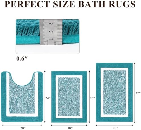 Pauwer 3 Piece Bathroom Rug Set, Non Slip Washable Bath Mat, Aqua Blue