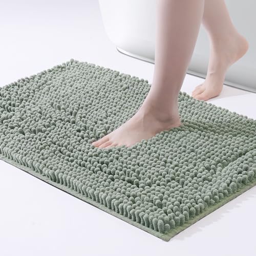 FRESHMINT Chenille Bathroom Rugs Mat 32"x20", Non-Slip Bath Mat for Bathroom Floor & Bathtub, Washable Soft Shower Shag Bath Rugs, Fluffy Thick Water Absorbent Microfiber Shower Mat, Sage Green