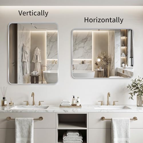 Bathroom Mirror for Wall, 30"x36" Black Bathroom Mirror for Over Sink, Shatterproof Tempered Glass Vanity Mirror with Anti-Rust Aluminum Alloy Frame, Hang Horizontally or Vertically, Silver