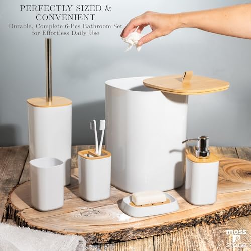 Moss & Stone 6-Pcs White & Bamboo Bathroom Accessories Set, Soap Dispenser
