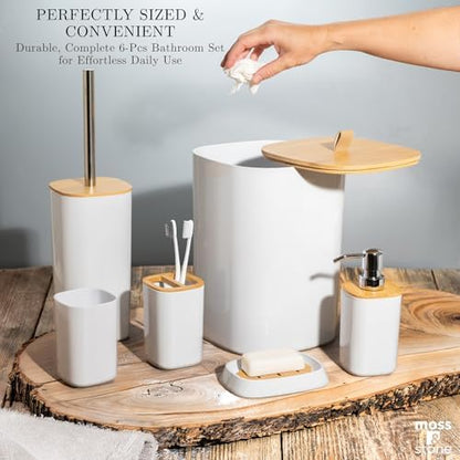 Moss & Stone 6-Pcs White & Bamboo Bathroom Accessories Set, Soap Dispenser