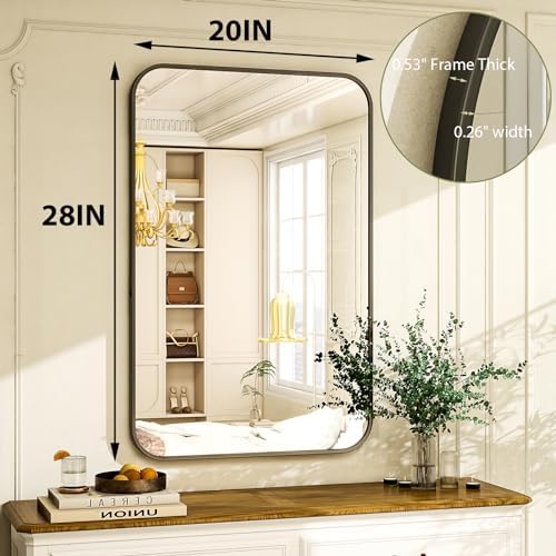 Easly 20 x 28 Inch Bathroom Mirror, Rounded Rectangular Vanity Mirror for Wall, Modern Mirror for Room Decor, Black Framed Wall-Mounted Mirrors for Home Decor, Hangs Horizontally or Vertically