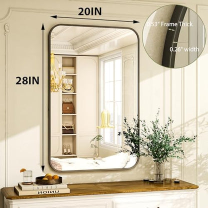 Easly 20 x 28 Inch Bathroom Mirror, Rounded Rectangular Vanity Mirror for Wall, Modern Mirror for Room Decor, Black Framed Wall-Mounted Mirrors for Home Decor, Hangs Horizontally or Vertically